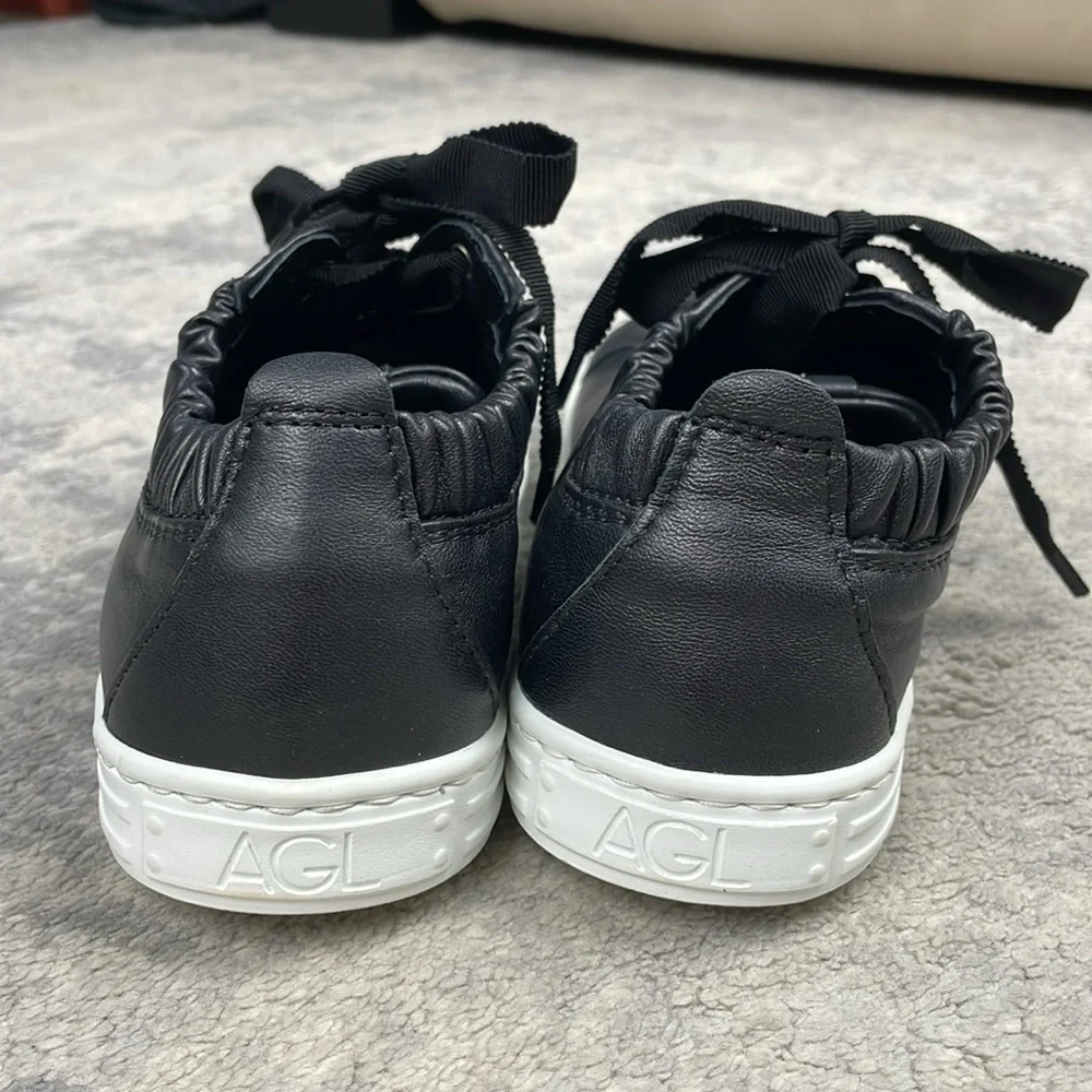 New AGL Suzie Elasticated Opening Sneakers Black Leather Lace Up Sz 36.5